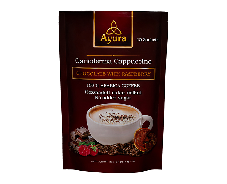 Ayura <b>Csoki Málna</b> cappuccino Ganoderma gombával 15x15gr (15 tasak. 166 Ft/adag)