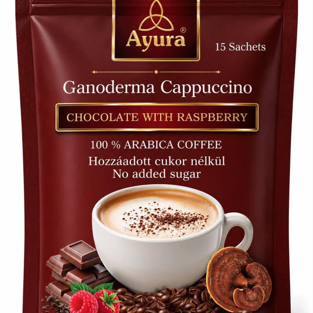 Ayura <b>Csoki Málna</b> cappuccino Ganoderma gombával 15x15gr (15 tasak. 166 Ft/adag)
