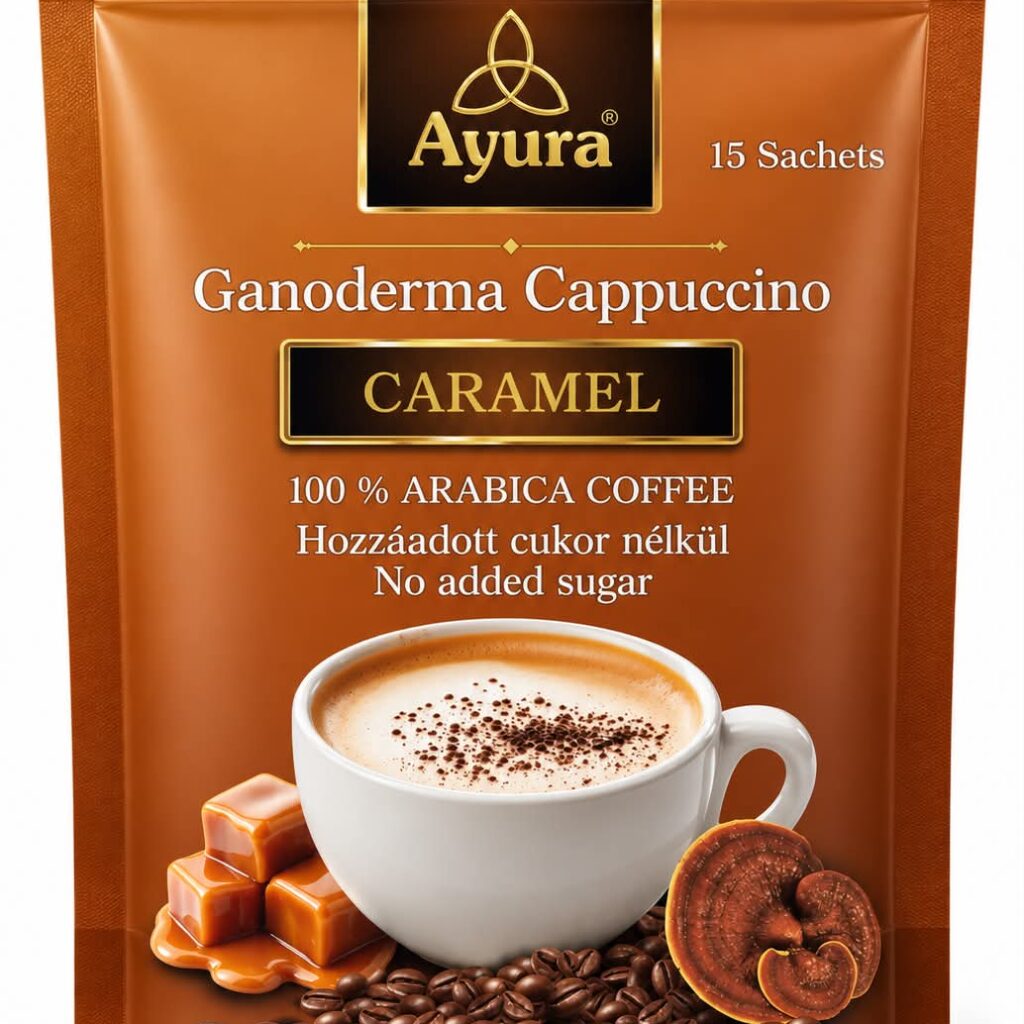 Ayura <b>Karamell</b> cappuccino Ganoderma gombával 15x15gr (15 tasak. 166 Ft/adag)
