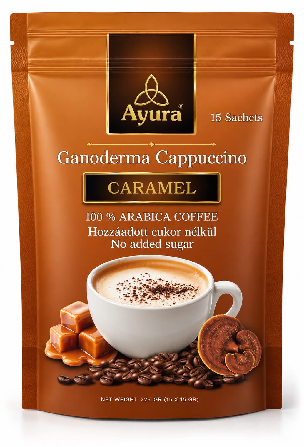 Ayura <b>Karamell</b> cappuccino Ganoderma gombával 15x15gr (15 tasak. 166 Ft/adag)
